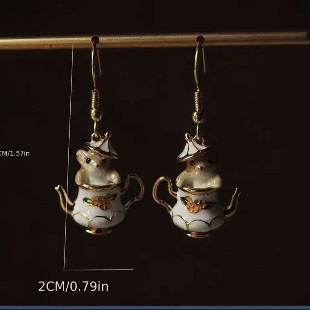 Teapot Chipmunk Dangle Earrings – 14K Gold Plated Enamel Charm, Kawaii New - Picture 4 of 6
